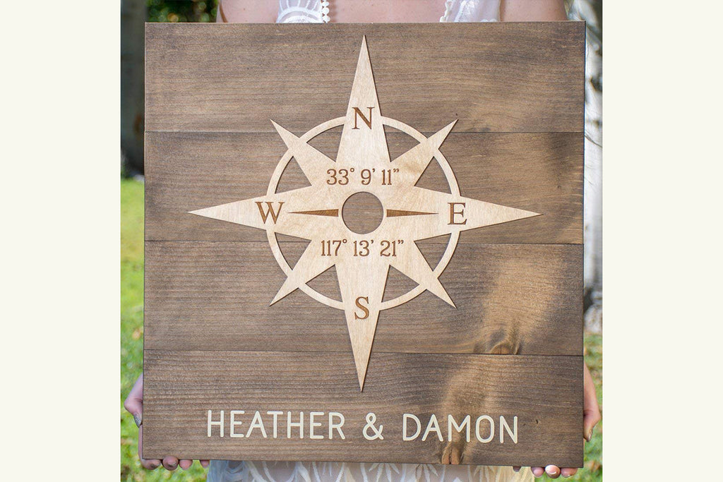 Wood Sign with Compass Rose - Personalized with Client Names and Latitude/Longitude GPS Coordinates - Cades and Birch 