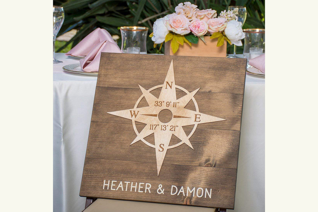 Wood Sign with Compass Rose - Personalized with Names and Latitude/Longitude GPS Coordinates - Cades and Birch 