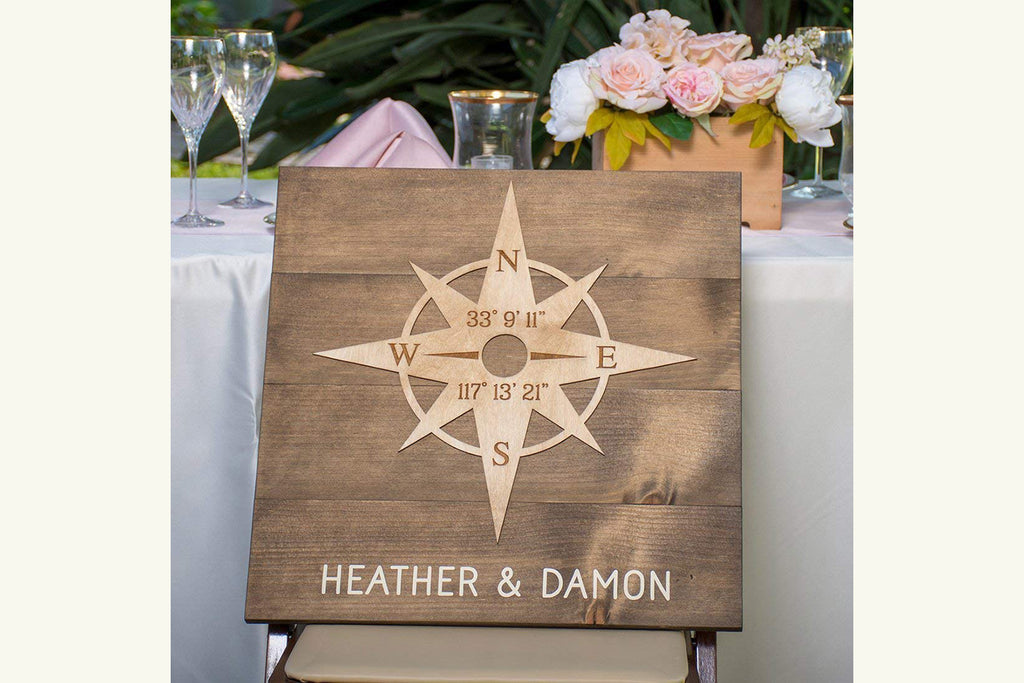 Wood Sign with Compass Rose - Personalized with Client Names and Latitude/Longitude GPS Coordinates - Cades and Birch 
