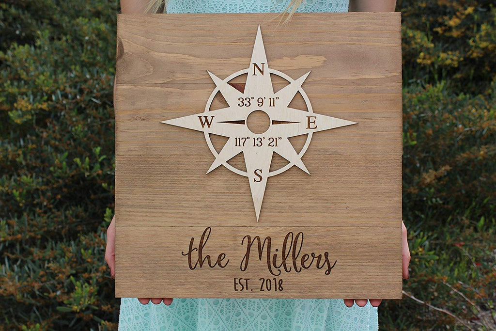 Wood Sign with Compass Rose - Personalized with Client Names (Cursive) and Latitude/Longitude GPS Coordinates - Cades and Birch 