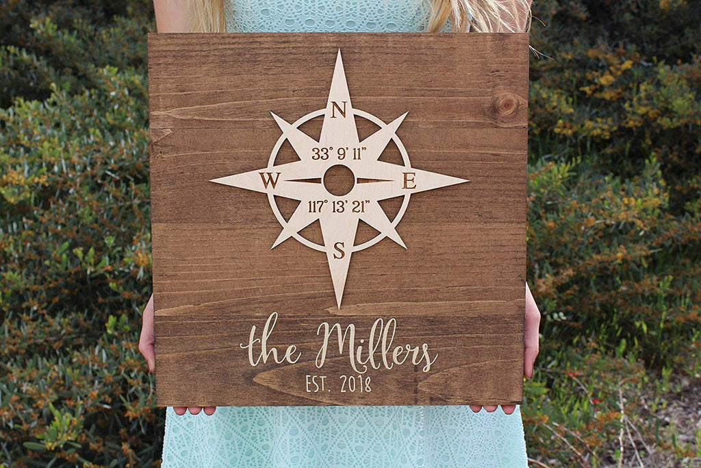 Wood Sign with Compass Rose - Personalized with Names (Cursive) and Latitude/Longitude GPS Coordinates - Cades and Birch 