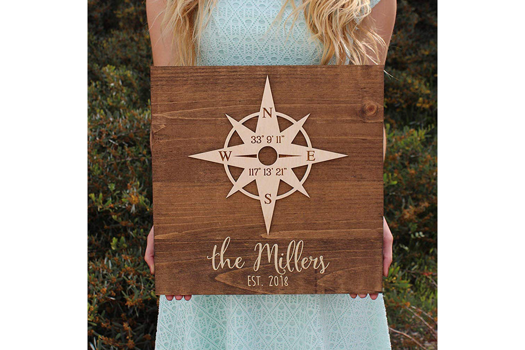 Wood Sign with Compass Rose - Personalized with Client Names (Cursive) and Latitude/Longitude GPS Coordinates - Cades and Birch 
