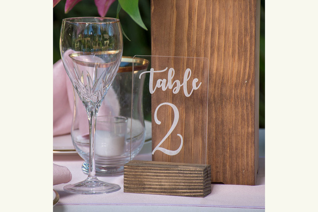 Table Number Clear Acrylic Engraved with Wood Base Freestanding - Cades and Birch 
