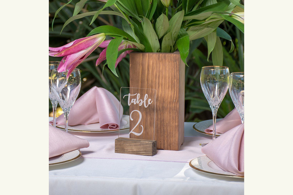 Table Number Clear Acrylic Engraved with Wood Base Freestanding - Cades and Birch 