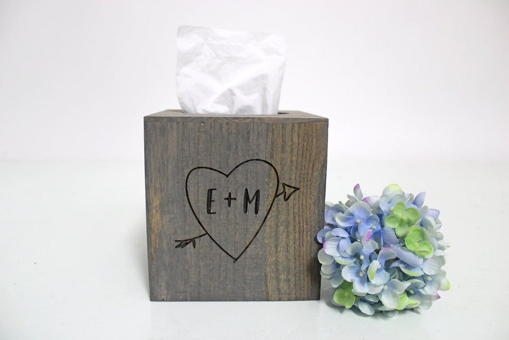 Wood Tissue Box Cover | Initials in Heart with Arrow - Cades and Birch 