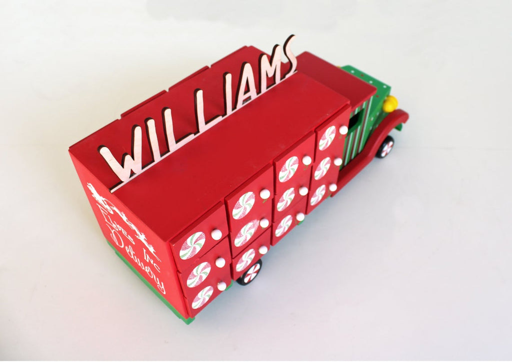 Advent Calendar Truck Red & Green Christmas Countdown - Personalized Name - Cades and Birch 
