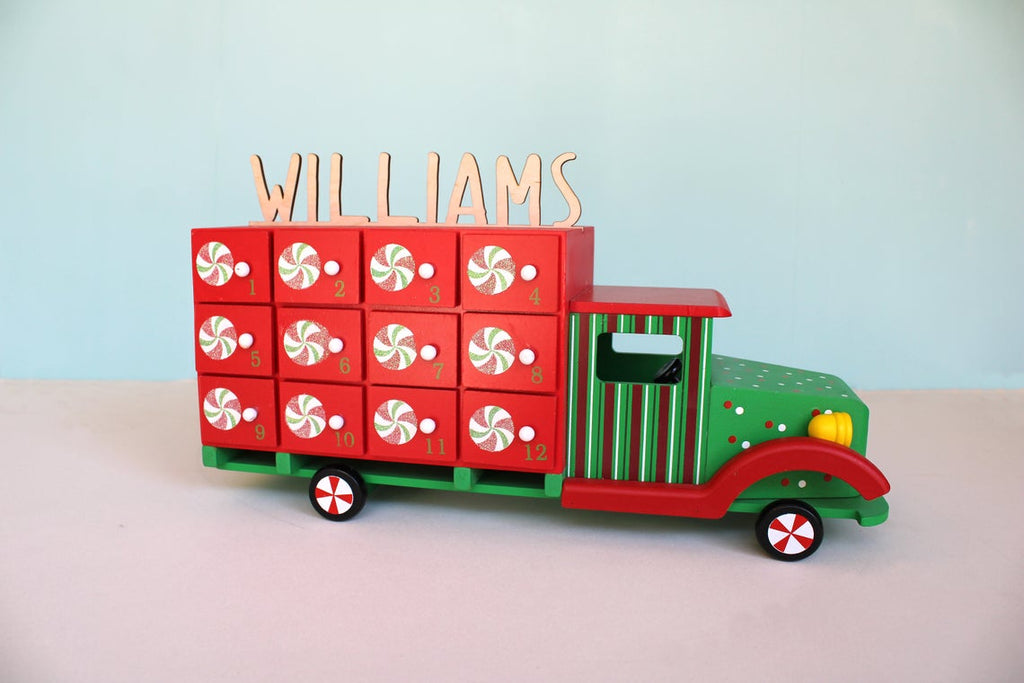 Advent Calendar Truck Red & Green Christmas Countdown - Personalized Name - Cades and Birch 