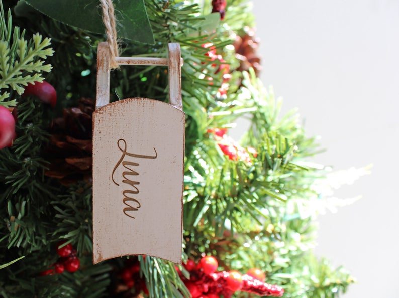 Wood Sled Christmas Ornament Personalized with Name Engraved, Font, Color Options - Cades and Birch 