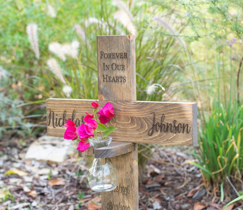 Memorial Cross with Flame-less Candle or Vase, Personalized for your Loved One - Cades and Birch 