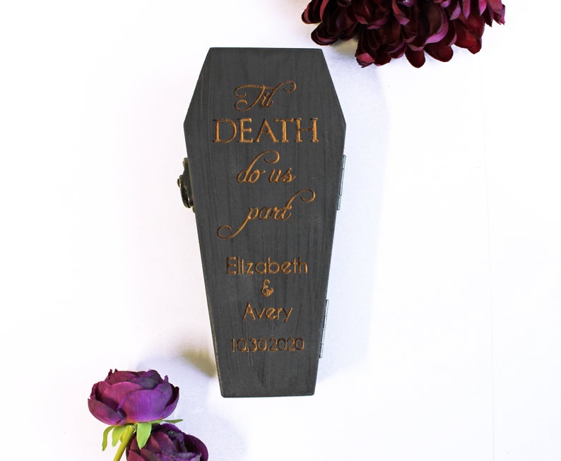 Coffin Ring Bearer Pillow Box - Til Death Do Us Part Engraved Cursive | Personalize Option - Cades and Birch 