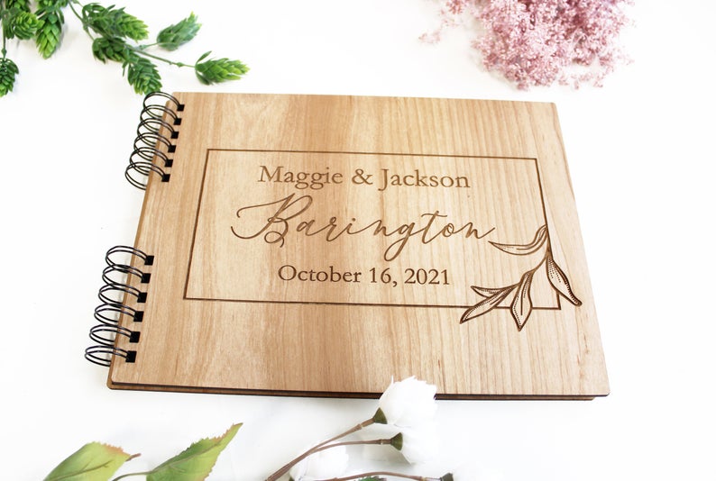 Photo Album or Guest Book - Personalized First and Last Names, Date, Leaf Border - Cades and Birch 