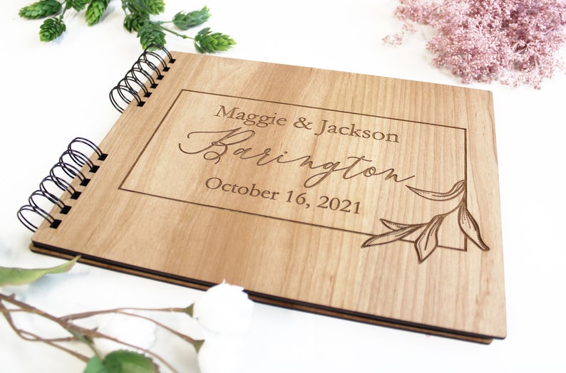 Photo Album or Guest Book - Personalized First and Last Names, Date, Leaf Border - Cades and Birch 